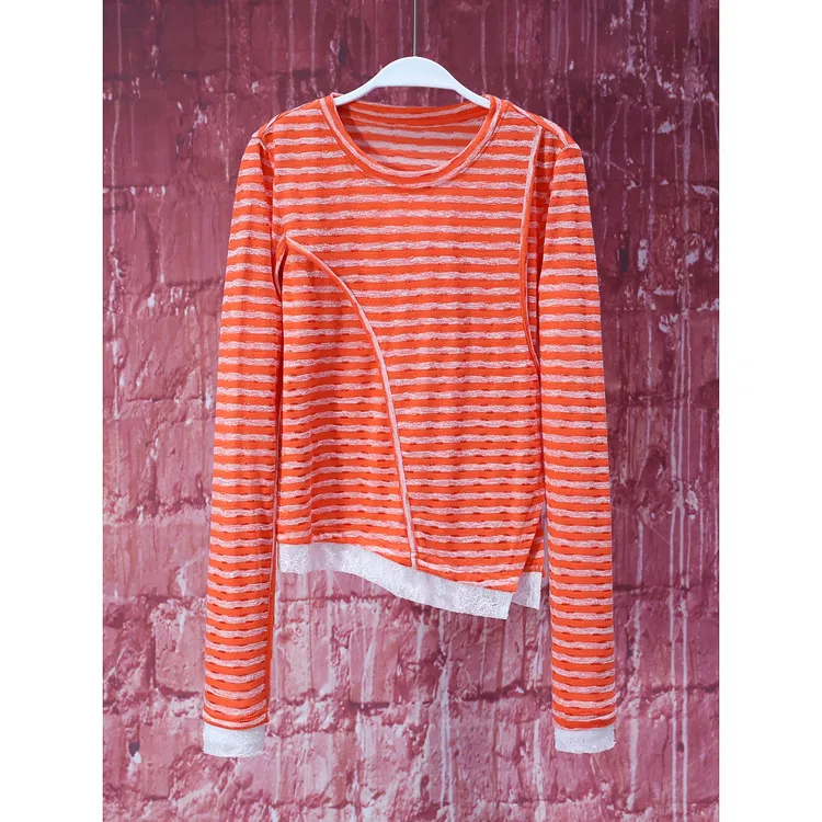 【韩哥女装】夏季橙色条纹轻薄上衣圆领时尚休闲冰凉感皮肤衣7231