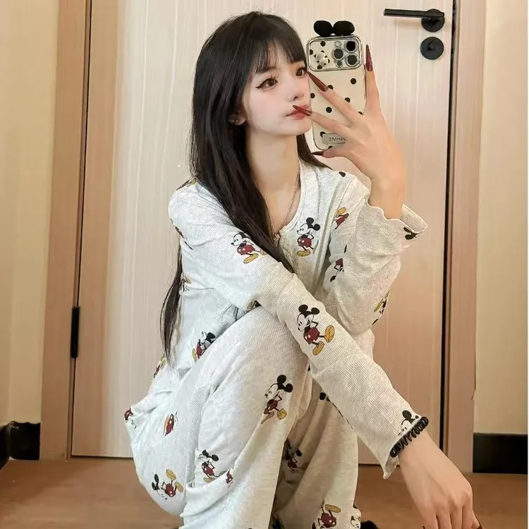 2025新款冰丝螺纹睡衣女春秋冬季卡通米奇少女休闲风家居服套装Z