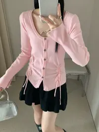 秋冬少女感穿搭针织上衣温柔风长袖针织女春季抽绳收腰百搭上衣