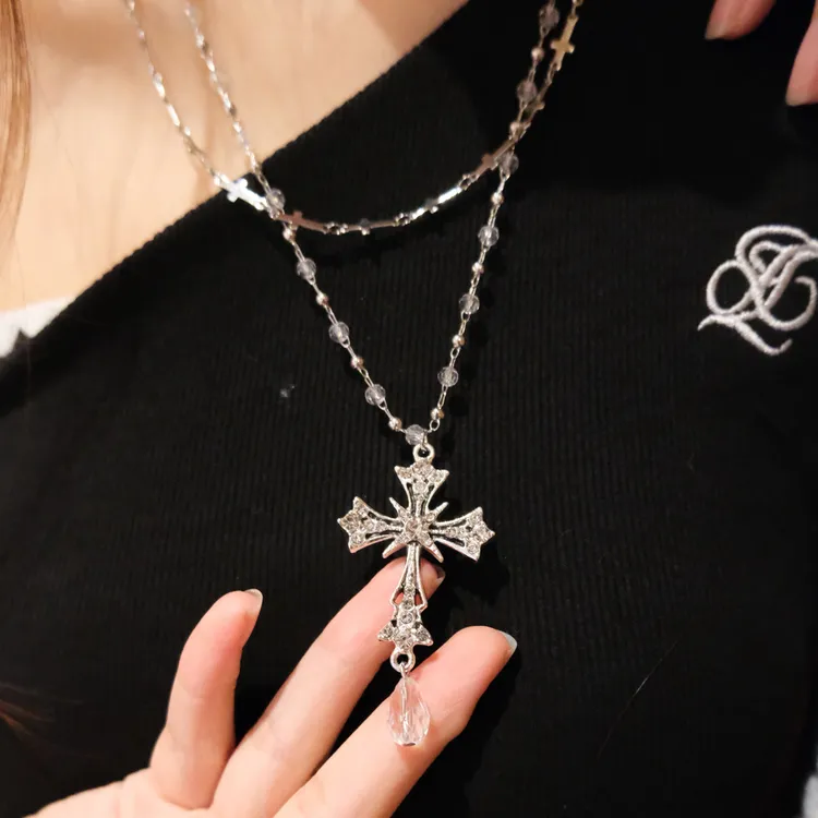 合金仿水晶项链 原创甜酷y2k个性多层叠戴十字架项链辣妹锁骨链