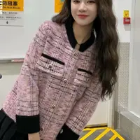 011网红短外套女直下摆立领短款上衣格子春季小香风纯色