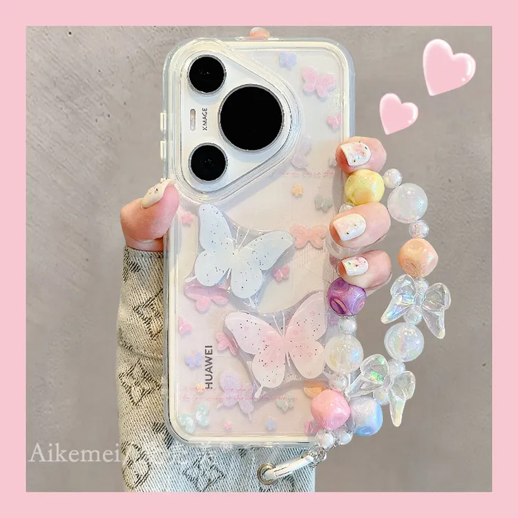 适用华为pura70pro+手机壳P60pro二合一蓝粉Pura70 Ultra蝴蝶链条