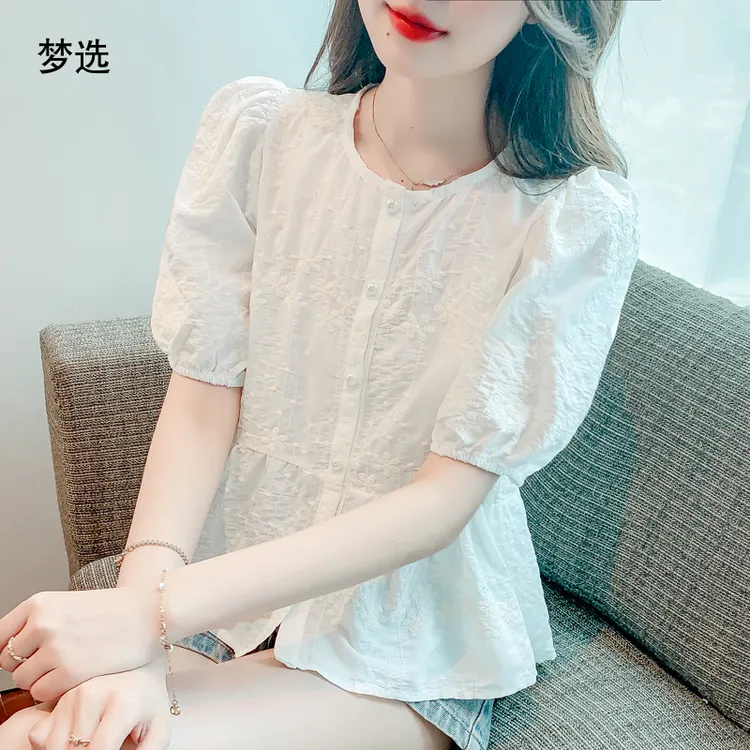 复古法式刺绣雪纺衫2025夏季新款百搭别致娃娃衫甜美泡泡袖蕾丝衫