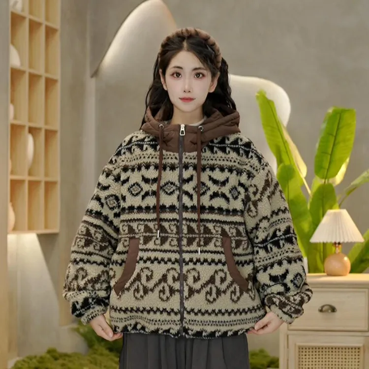 2038 冬季新款连帽加厚宽松棉衣女费尔岛外套女百搭上衣拉链棉服