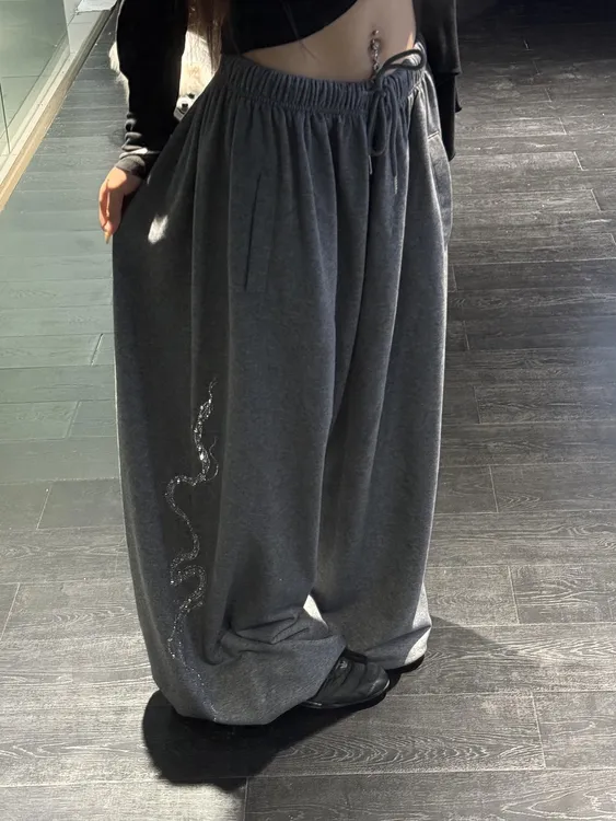美式复古灰色设计感小蛇烫钻印花休闲裤男女宽松卫裤百搭长裤子
