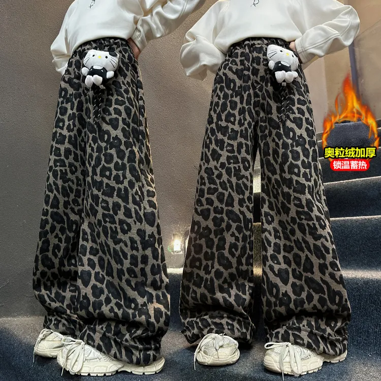 女童冬款加绒豹纹裤新款儿童冬装一体绒阔腿裤中大童女孩直筒裤子
