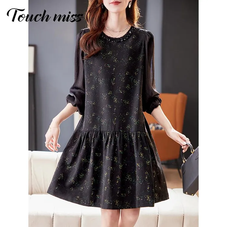 Touch Miss气质钉珠拼接印花连衣裙女2025春季新款洋气显瘦连衣裙
