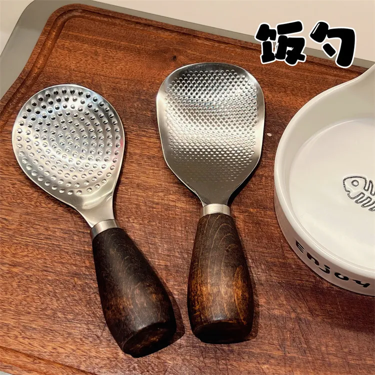 木柄不锈钢饭勺米饭铲子家用可立式木柄家用勺子厨房盛饭电饭煲