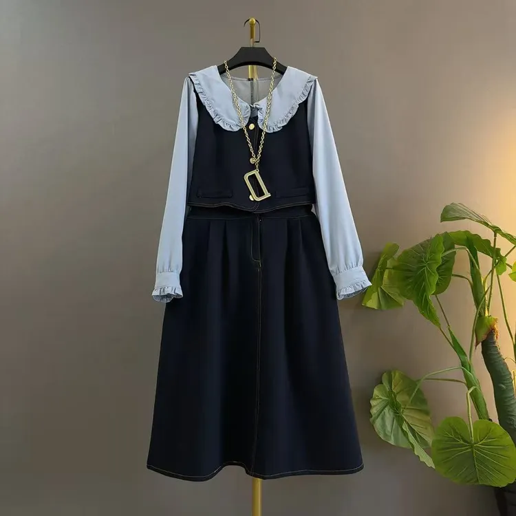 秋季纯色长袖娃娃领连衣裙休闲时尚洋气大码苹果型胖妹妹假两件