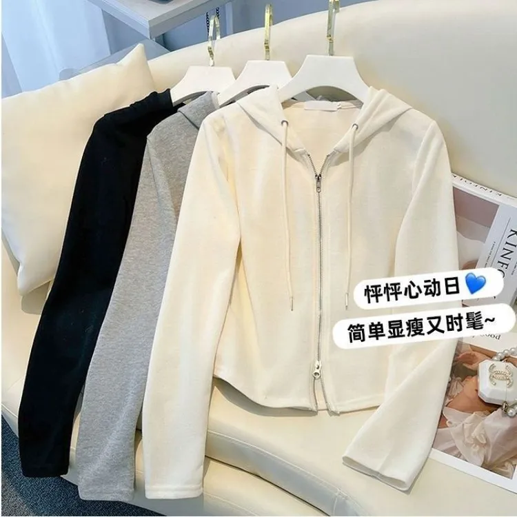 2025韩版新款卫衣女双头拉链连帽修身显瘦短款打底衫磨毛上衣外套