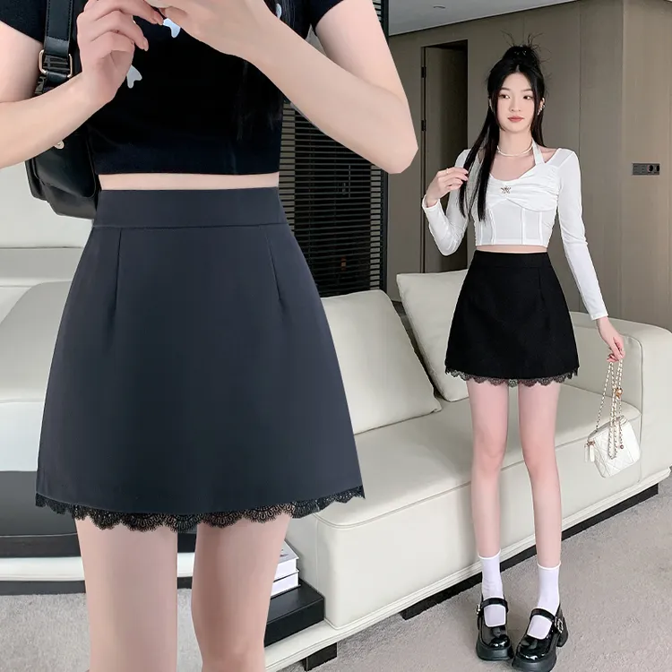 蕾丝花边西装半身裙裤女早春2025大码胖mm显瘦高腰a字包臂短裙子