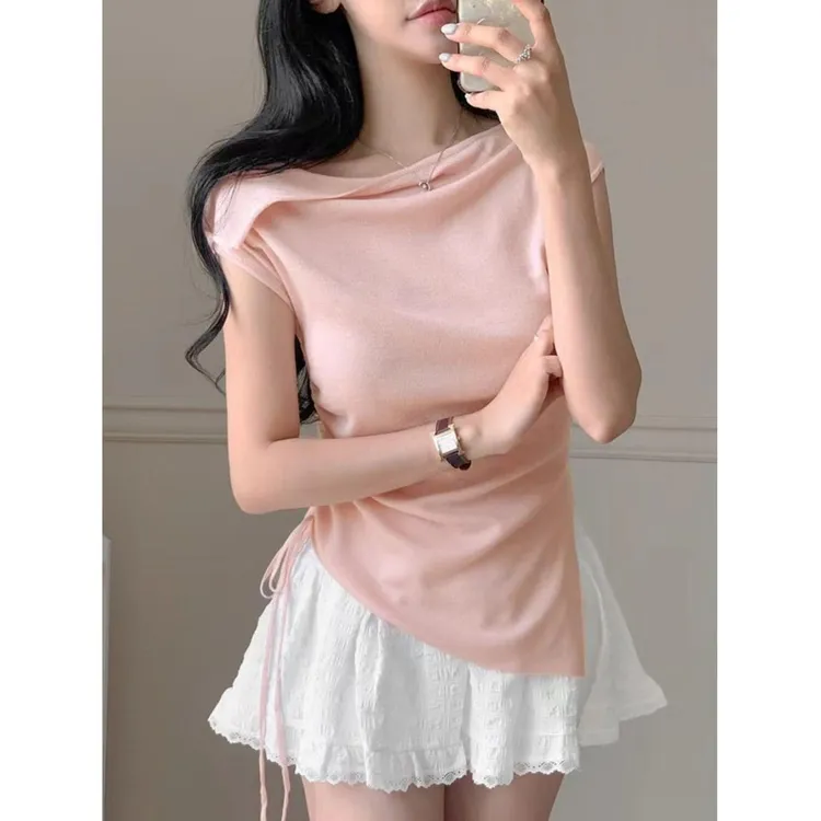 显瘦感斜领露肩侧边抽绳系带百搭不规则针织衫气质性感修身短款