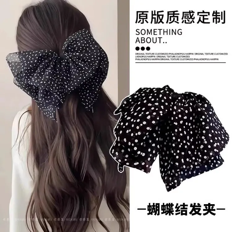 2025新款春夏碎花氛围感波点雪纺蝴蝶结发夹纯欲女后脑勺盘发抓夹
