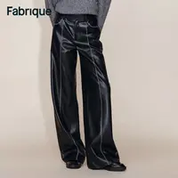 Fabrique Iris 秋冬新品奶油感环保皮休闲静奢风明线刺绣阔腿皮裤