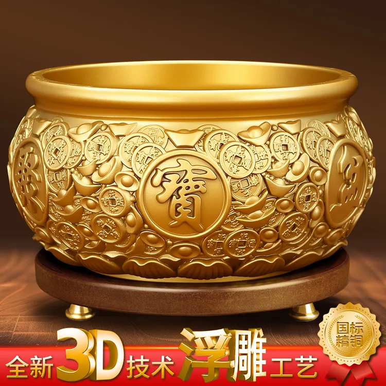 钱币聚宝盆【鑫金源】实心黄铜钱币聚宝盆聚财家用办公室客厅聚财玄关工艺摆件