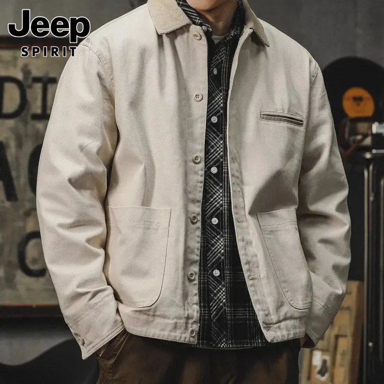 jeep吉普美式帆布工装外套男青年男士高级感短袖宽松休闲教练夹克