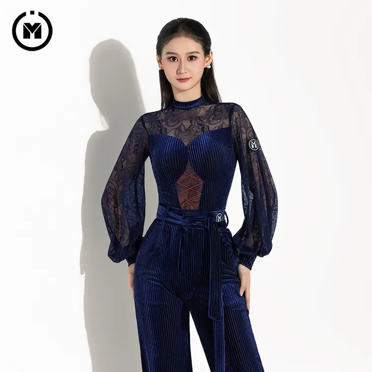 IAMYC摩登舞交谊舞新款小立领撞料蕾丝灯笼袖连体衣B10180+B20150