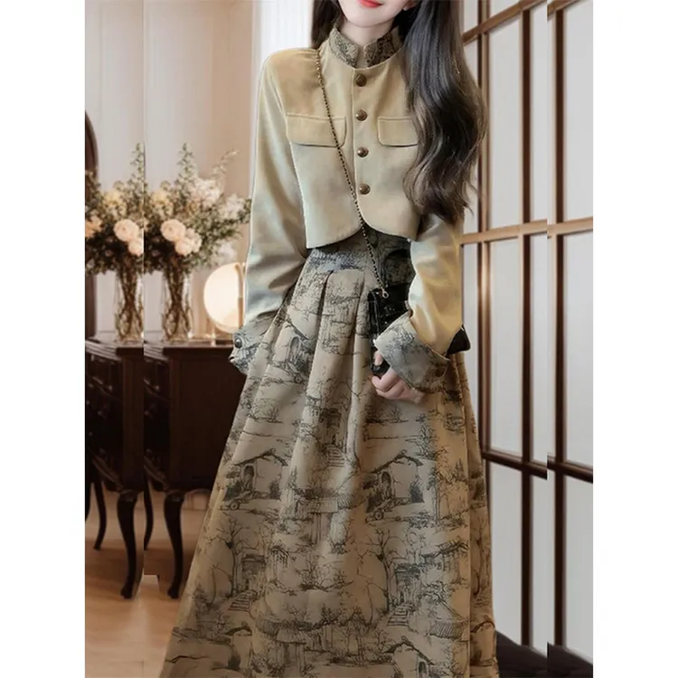 新中式气质灯芯绒短外套女装2025秋冬新款国风半裙高级名媛两件套