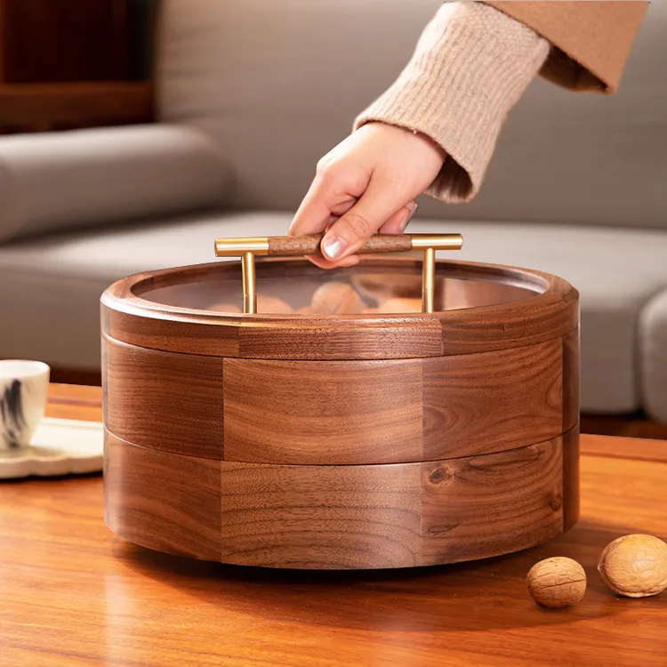 分格黑胡桃木带盖新中式干果盘糖果盒过年时尚茶几家用坚果零食盘