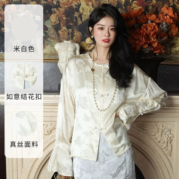 春夏新款女装真丝冠乐绉提花衬衫桑蚕丝手工盘扣改良唐装上衣