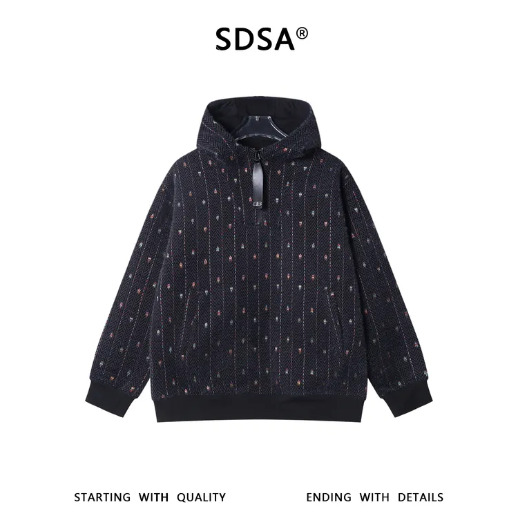 SDSA男士秋冬新款痞帅男装简约波浪线刺绣半拉链立领连帽卫衣百搭