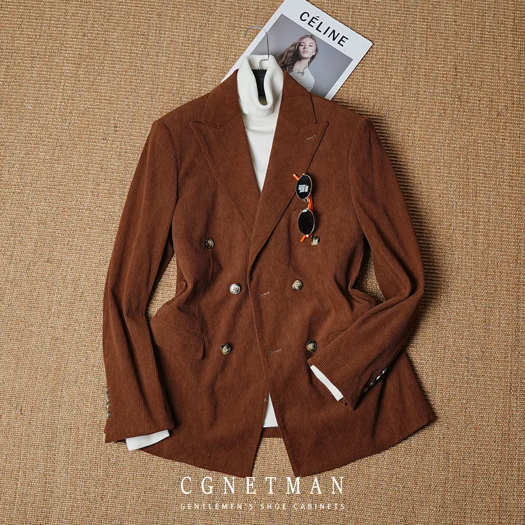 CGENTMAN 复古灯芯绒双排扣戗驳领西服套装男士商务休闲西装外套