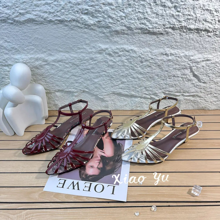 2025新款法式单鞋坡跟仙女风凉鞋一字带欧若风尖头气质女鞋4448