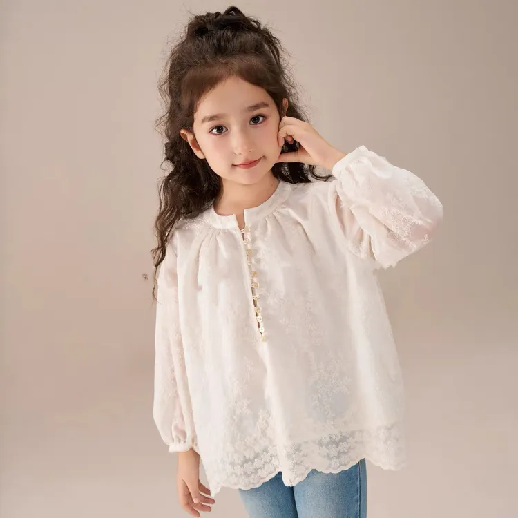 女童春秋新款棉花边上衣女宝洋气公主娃娃衫英伦风长袖衬衫外穿潮