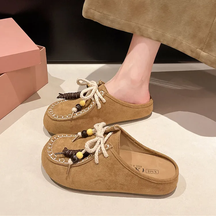 复古厚底勃肯鞋女2025秋季新款袋鼠鞋一脚蹬包头半拖鞋懒人博肯鞋