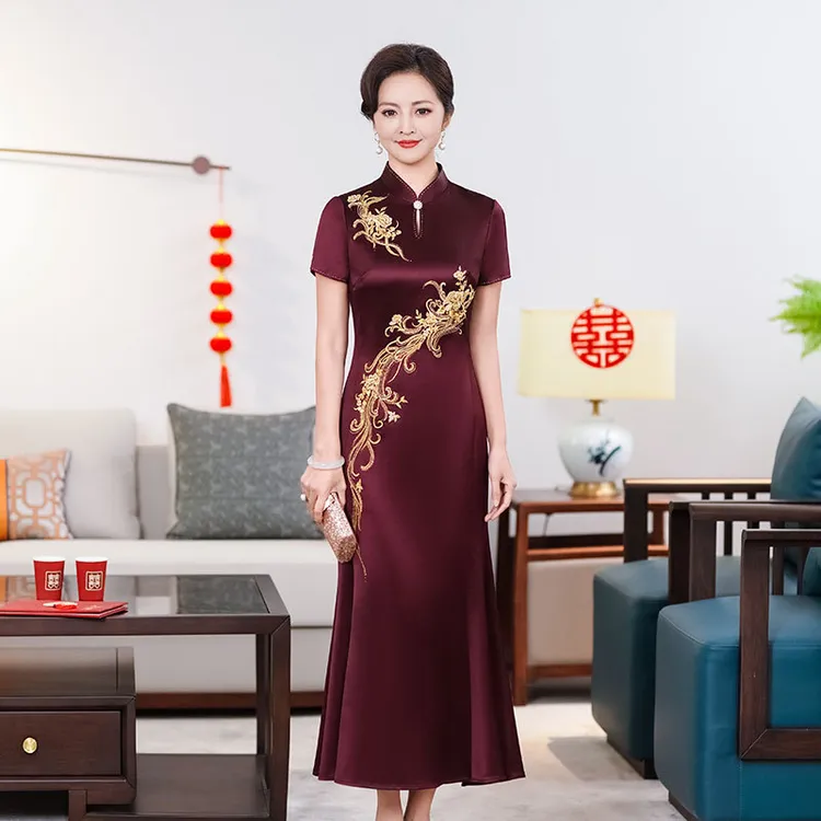 2025夏季新款高端醋酸婚宴晚礼服鱼尾裙喜婆婆宴会改良旗袍连衣裙