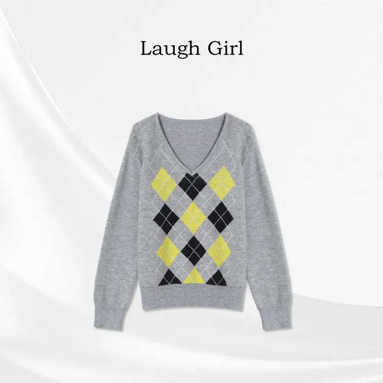 楚楚君 Laugh girl【甜奏菱格】时尚V领菱形格针织毛衣XL531013J