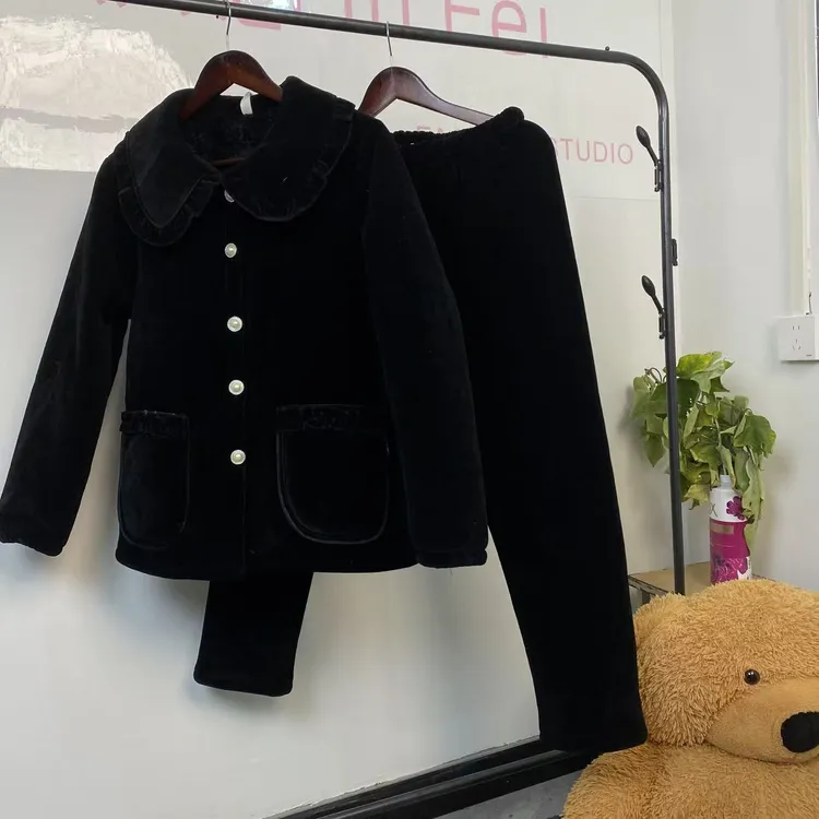 2025新款黑色娃娃领加绒加厚可外穿冬季女款睡衣家居服套装