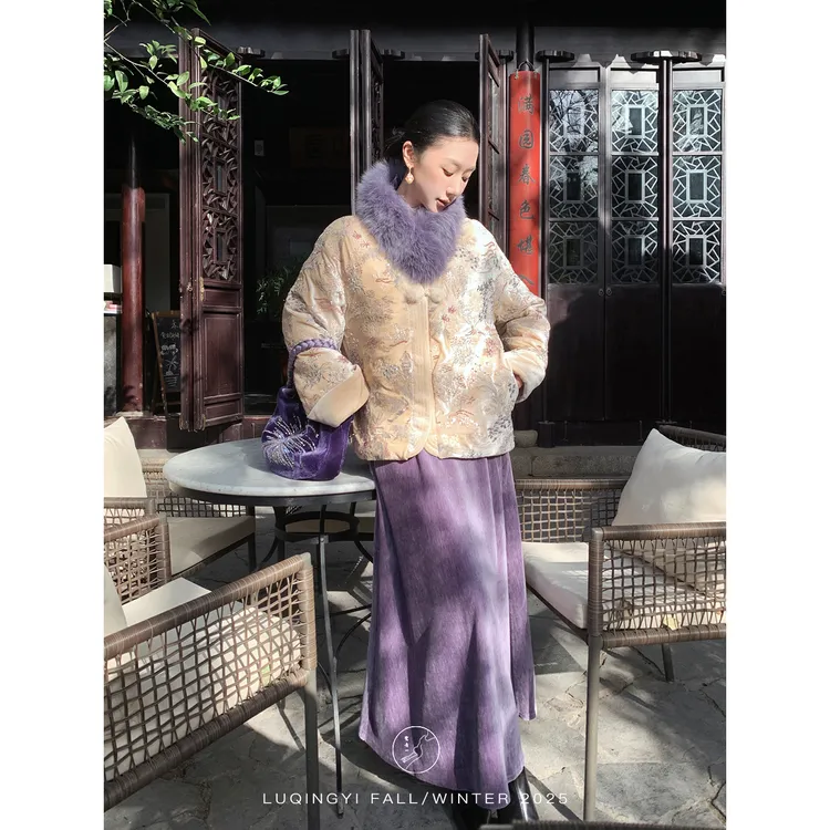 鹭青一原创【江月楼】新中式丝绒三星90白鸭绒羽绒外套L25Y1177L