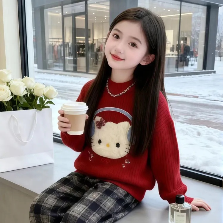 加绒加厚冬季女童毛衣2025新款秋冬款洋气冬装大童儿童打底衫女孩