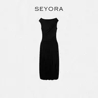 Seyora【黑天鹅】复古褶皱优雅休闲无袖收腰连衣裙 L35711SY52