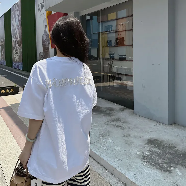 IVoidwalk珍珠绣美式重磅纯棉百搭宽松男女同款圆领情侣短袖T恤