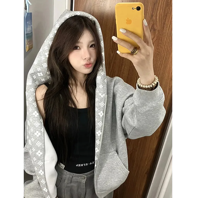 美式复古印花开衫连帽卫衣女秋季韩系慵懒风cleanfit休闲拉链外套