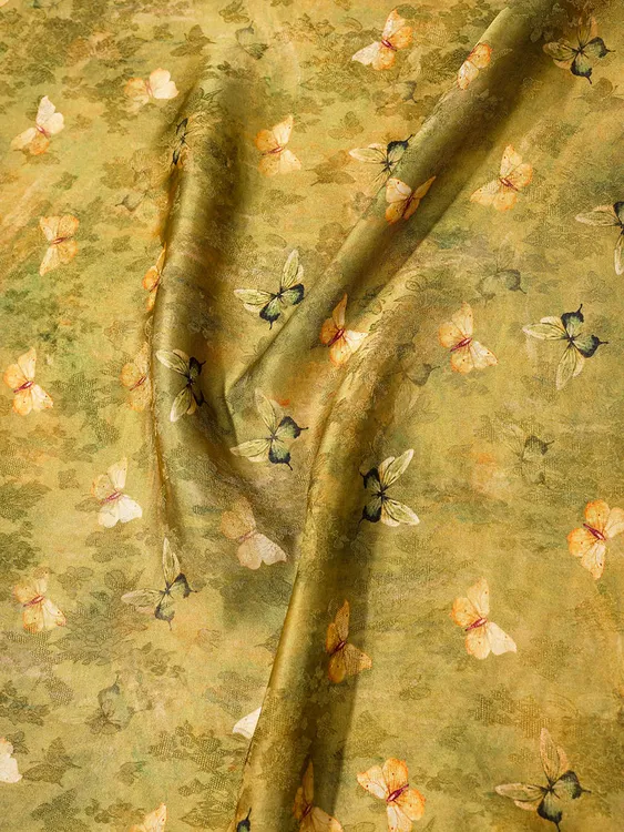 金蝴蝶花卉香云纱花萝柔软丝滑旗袍连衣裙布料0008定制裁剪不退换