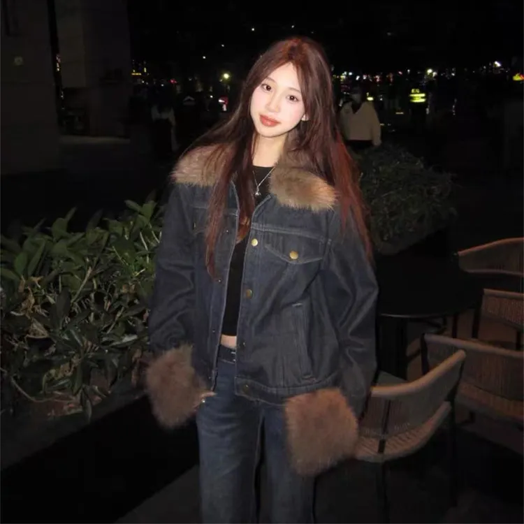 美式蓝色牛仔外套女2025秋冬季新款休闲复古毛领拼接夹克上衣潮