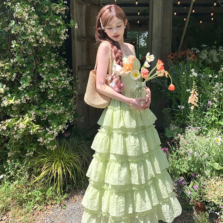 夏日青提 吊带中腰套头A字裙V领无袖连衣裙吊带裙收腰法式气质