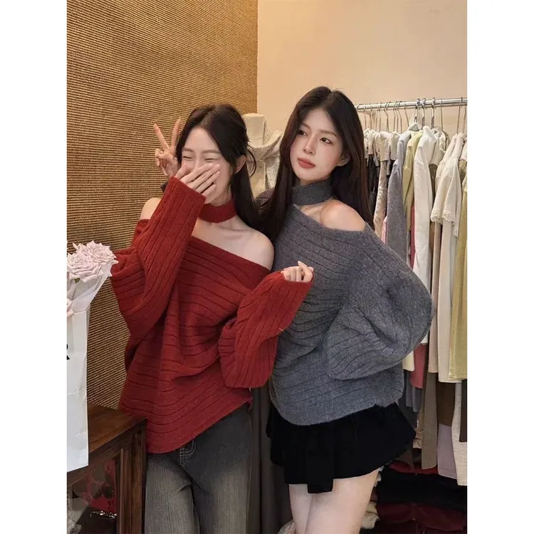 韩系新年蝙蝠袖一字领脖套毛衣女秋冬气质显瘦百搭针织斜肩上衣女
