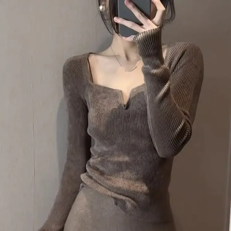 法式洋气外穿套头打底衫秋冬季女装内搭毛衣v领针织长袖气质上衣