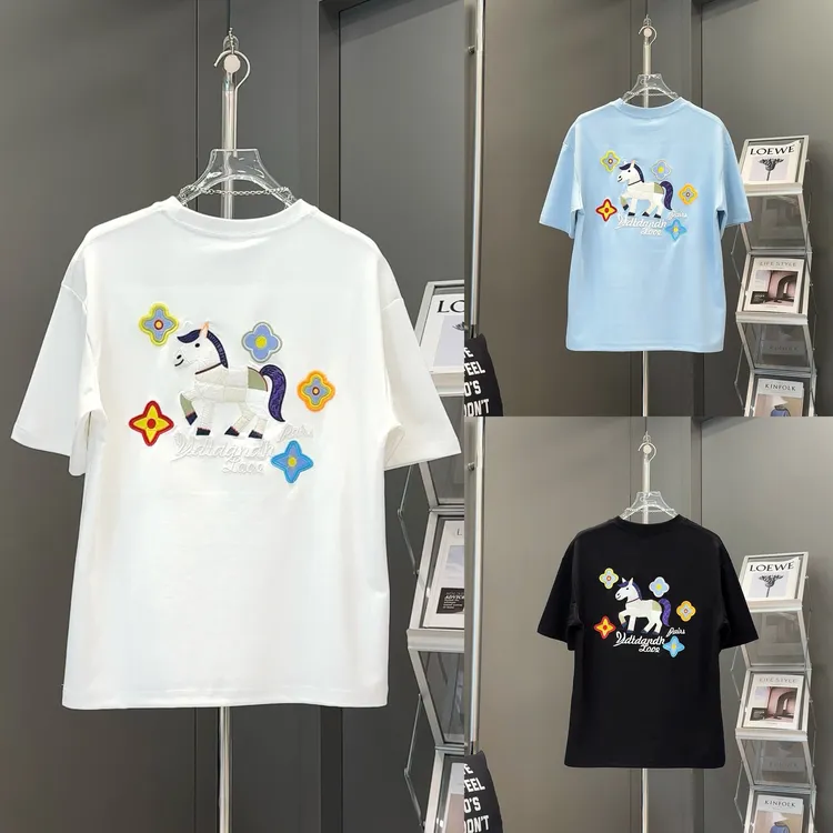 夏季时尚青春活力情侣同款卡通撞色刺绣小马圆领百搭休闲短袖T恤