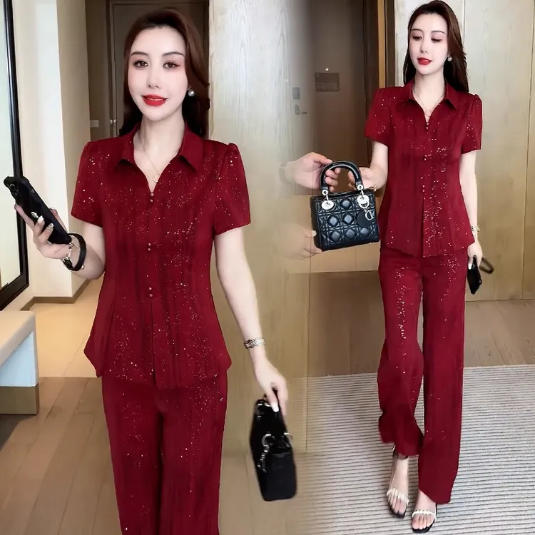 时尚套装女2025夏季新款洋气显瘦减龄细闪短袖上衣阔腿裤两件套潮