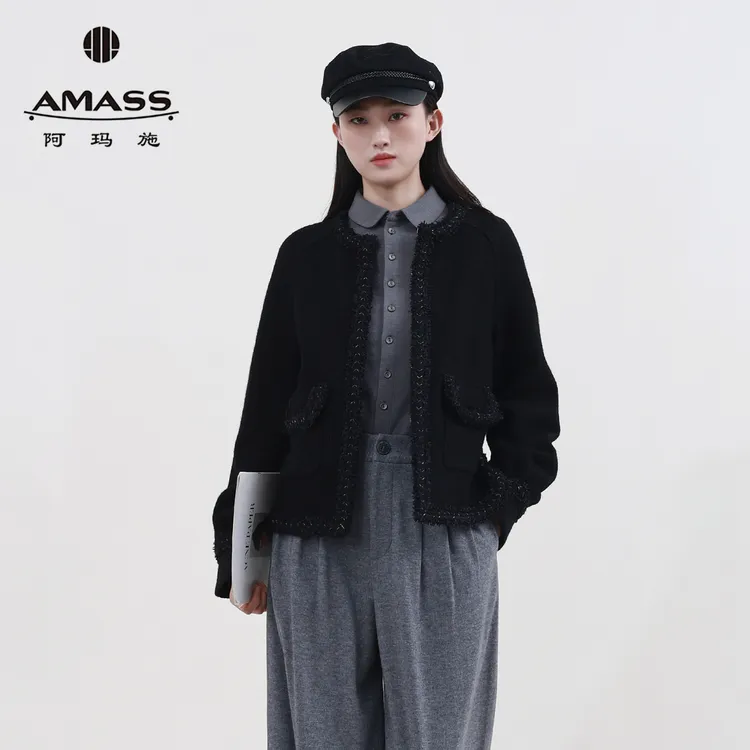 阿玛施AMASS新款通勤短款高质量小香风100%绵羊毛外套女5400312