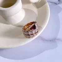 99新 BVLGARI/宝格丽 XL号玫瑰金宽版双环满钻红碧玺蛇头戒指