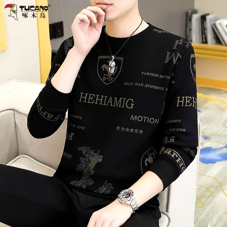 啄木鸟男士潮牌欧货卫衣秋冬季时尚休闲厚长袖T恤个性加绒打底衫