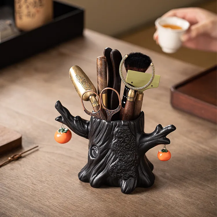 创意茶道六君子功夫茶具配件家居黑檀木黄铜泡茶工具收纳陶瓷茶筒