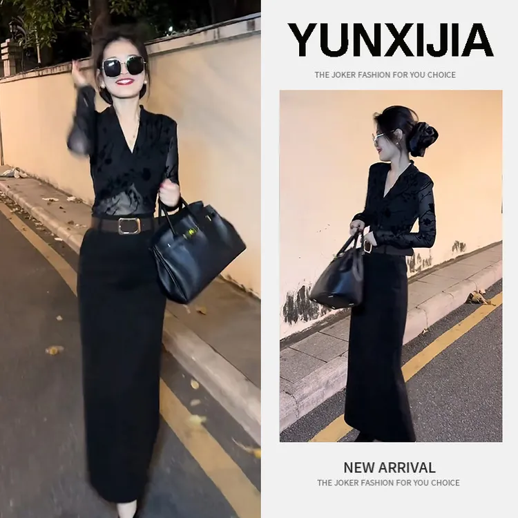 秋冬2025新款V领长袖衬衫女小众设计感气质黑色上衣半身裙两件套