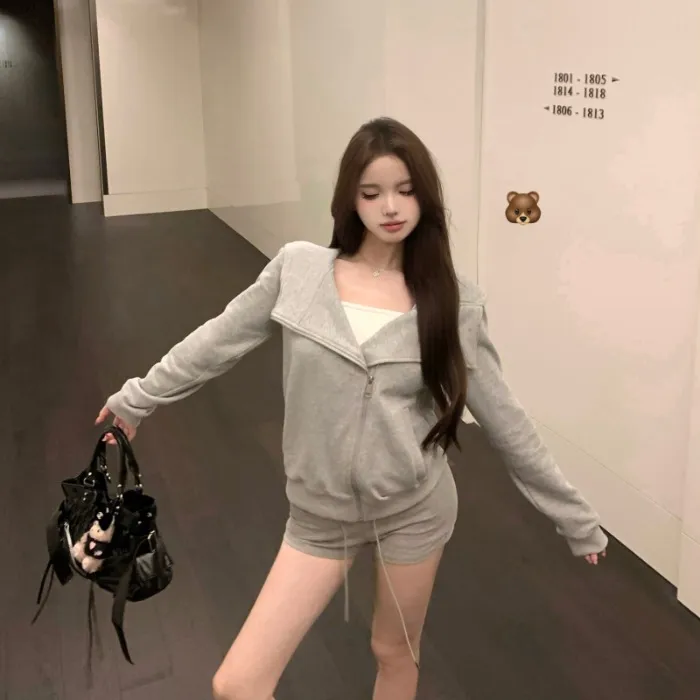 黑色连帽拉链长袖卫衣开衫外套女2025新款早秋休闲百搭修身上衣灰